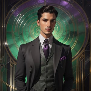 1man, 25 years old, dark hair, ((short hair)), side part with medium fade)), hazel eyes, grey trenchcoat, black suit vest, white shirt, black neck tie, black dress pants, five o’clock shadow, 
purple and green energy swirls through the scene like smoke,

standing in a 1920’s style speakeasy, classic art deco aesthetic mixed with modern neo noir elements, 