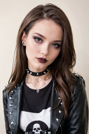 1girl, solo, long hair, looking at viewer, brown hair, jewelry, choker, necklace, head tilt, makeup, ring, lipstick, pale skin, gothic, black lips, spiked leather jacket, Ramones t-shirt,