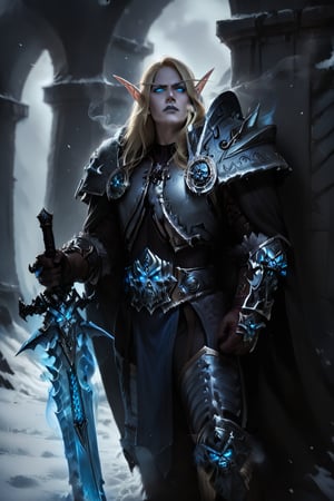 Score_9, score_8_up, score_7_up,Expressiveh,concept art,dark theme,Extremely Realistic, realistic, masterpiece, 1boy, elf, pure white skin, highly detailed face, perfect face, scowl, long blonde hair, pointy ears, wearing arth4s armor, glowing blue eyes, wielding, blue smoke, grey lips, blue energy  drifting upward from eyes, (,bldelf, no pupils, glowing eyes, colored sclera), winter winds, snowy breeze, duel wield, runeaxe, 