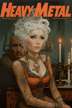 (Perfectly recreate the logo of Heavy Metal magazine and use the correct font and design for the text "Heavy Metal" as the world famous magazine:1.4), Generate a cover for the magazine "Heavy Metal featuring: A close-up shot of a mature woman with striking white hair, adorned with intricate jewelry - a delicate necklace and elegant earrings. She sits beside an elderly couple, the old man and woman, in a dimly lit room with worn, vintage furniture. The warm glow of a nearby candle casts a realistic ambiance, highlighting the subjects' gentle features.