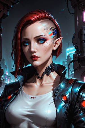 Score_9, score_8_up, score_7_up,Expressiveh,concept art,dark theme,Extremely Realistic, realistic, masterpiece, 16k, 1girl, solo, sfw, cyberpunk cityscape, neon signs, short hair, blue eyes, red hair, black highlights, pointy ears, elf, lips, makeup, lipstick, portrait, cyberpunk, high collar, black and white leather jacket, t-shirt, realistic, shaved temples, shaved head, nose, cybernetic implants in neck, cybernetic implants in temple, cables coming from head implants, (((shadowrun_character, shadowrun_surface, netrunner, high-tech lowlife)))