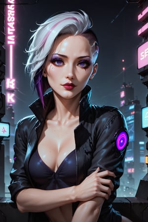 Score_9, score_8_up, score_7_up,Expressiveh,concept art,dark theme,Extremely Realistic, realistic, masterpiece, 16k, sfw, cyberpunk cityscape, 1girl, solo, short hair, purple eyes, small breasts, makeup, lips, lipstick, (white hair, purple streak of hair,  cybernetic implant on side of head, both sides of head shaved, two-tone hair, hair slicked back), (black clothing, cleavage, high collar, black tactical shirt, chest window), 