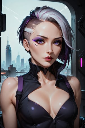 Score_9, score_8_up, score_7_up,Expressiveh,concept art,dark theme,Extremely Realistic, realistic, masterpiece, 16k, sfw, cyberpunk cityscape, 1girl, solo, short hair, purple eyes, small breasts, makeup, lips, lipstick, (white hair, purple streak of hair,  cybernetic implant on side of head, both sides of head shaved, two-tone hair, hair slicked back), (black clothing, cleavage, high collar, black tactical shirt, chest window), 