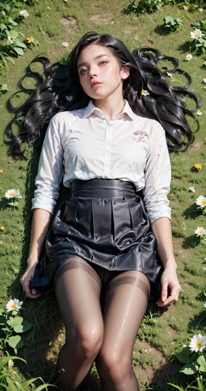 Score_9, score_8_up, score_7_up, 1girl, solo, long hair, black hair, pantyhose, lying, on back, grass, realistic