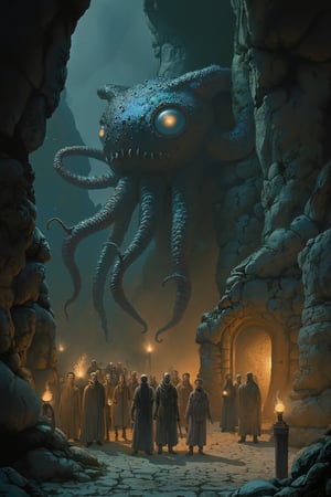 A group of weary adventurers, cloaked in secrecy, huddle behind an ancient rock formation within the depths of a mysterious cave. The air is thick with anticipation as flickering torches on the walls cast eerie shadows. Amidst the darkness, a beholder's unblinking eyes scan the terrain, its many tentacles slithering through the gloom like living whips. In this foreboding landscape, the adventurers' anxious faces are illuminated by the faint glow of their lanterns, as they prepare to face the terror lurking in the shadows.

(style of Kestutis Kasparavicius, PT[WPM])