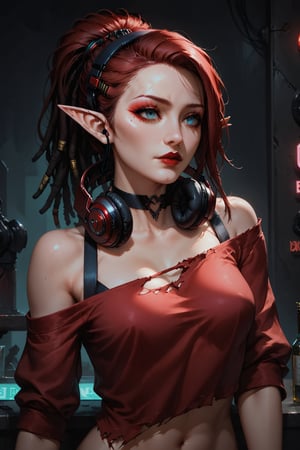 Score_9, score_8_up, score_7_up,Expressiveh,concept art,dark theme,Extremely Realistic, realistic, masterpiece, 1girl, cyberpunk bar, solo, red hair, red shirt, bare shoulders, upper body, ponytail, dreadlocks, hairband, choker, pointy ears, off shoulder, torn clothes, makeup, headphones, dark red lipstick, off-shoulder shirt, headphones around neck, gothic, red eyeshadow, elf, pointed ears, (,shadowrun_surface