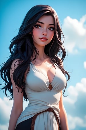 Byzantine girl with blue sky and white clouds background, sexy outfit, upper body, front view, (Masterpiece, Top Quality, Top Image Quality, Official Art, Aesthetic and Beautiful: 1.2), (1girl: 1.4), beautiful white skin, shining dark brown eyes, clear eyes, running nose, smiling face, portrait, extreme color, best Fine Detail, Simple Background, 16K, High Resolution, Perfect Dynamic Composition, Bokeh, (Sharp Focus:1.2), Super Wide Angle, High Angle, High Color Contrast, Medium Shot, Depth of Field, Background Blur,,itacstl