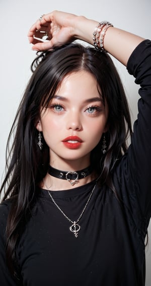 Score_9, score_8_up, score_7_up, 16k, 1girl, solo, long hair, looking at viewer, shirt, black hair, long sleeves, jewelry, upper body, parted lips, teeth, choker, necklace, arm up, bracelet, grey eyes, black shirt, realistic, red lips