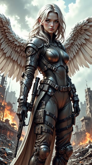 Valkyrie's Vigilance: A shot of a sleek, modern Valkyrie hovering above the smoldering ruins of a war-torn landscape her white feathered wings majestically seem to draw in the sunlight. The battlefield below her is scarred by burning vehicles and fallen soldiers, their bodies eerily still amidst the chaos. She herself stands out against this backdrop of destruction, clad in contemporary military tactical attire that belies her mythical nature. Her gaze is fixed intently on some distant target as she cradles an elegant sniper rifle, its slender barrel glinting in the flickering light of the burning vehicles. The composition centers around her statuesque figure, with the war-torn landscape serving as a haunting reminder of the devastating consequences of conflict.

shading lineart, shading, lineart, 2.5D, illustration, portrait, closeup, Score_9, Score_8_up, Score_7_up, behance work, intricate, vibrant color, High quality, 8k hd, best quality, detailed skin texture, complicated, 8k ultra hd, high resolution, high definition, excellent quality, stunning image, volumetric lighting, detail quality Enhancer,DonMN1h1l15mFX,REALNIME