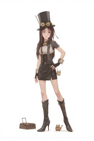 1girl, solo, looking at viewer, skirt, simple background, brown hair, gloves, hat, white background, standing, full body, short sleeves, boots, fingerless gloves, high heels, hand on hip, goggles, goggles on head, top hat, leather, goggles on headwear, steampunk