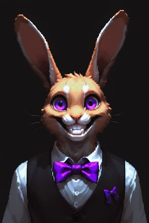 Score_9, score_8_up, score_7_up,Expressiveh,concept art,dark theme,Extremely Realistic, realistic, masterpiece, 16k, solo, looking at viewer, smile, simple background, tan fur, bow, animal ears, purple eyes, upper body, male focus, teeth, bowtie,, rabbit ears, grin, vest, no humans, black background, furry, purple bow, rabbit, purple bowtie, whiskers, horror \(theme\),(((Pixel_Art)))