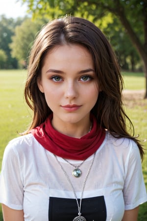 a beautiful young woman with long brown hair, wearing a black long-sleeved t-shirt and a red scarf. She is wearing a silver necklace with a silver pendant. The background is blurred, creating a soft focus on the woman's face. The woman's expression is neutral, with a slight smile on her face. Her hair cascades down to her shoulders, adding a pop of color to the scene.