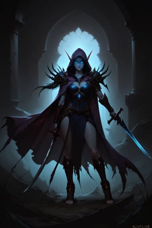 Score_9, score_8_up, score_7_up,Expressiveh,concept art,dark theme,Extremely Realistic, realistic, masterpiece, 1girl, solo, long hair, grey skin,  glowing blue eyes, black hair, holding, standing, full body, weapon, foot wraps, sword, hood, cape, holding weapon, dark metal armor, glowing, holding sword, glowing eyes, vambraces, purple hooded cloak, blue armor glow, (,DonMD34thKn1gh7XL,runeblade,death knight),bldelf, pointy ears, colored sclera, no pupils, 