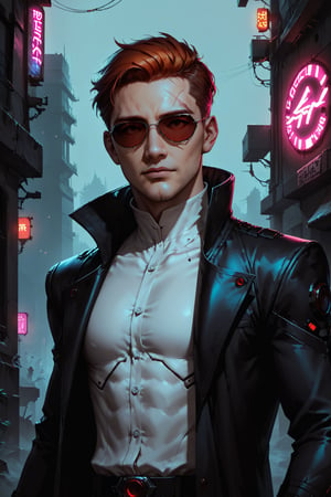 Score_9, score_8_up, score_7_up,Expressiveh,concept art,dark theme,Extremely Realistic, realistic, masterpiece, sfw, solo, 16k, side view, outside, cyberpunk street, neon lights, neon signs, foggy, 1boy, male focus, middle aged, wrinkles on face, upper body, ginger hair, (((sunglasses, circular silver frames, red lenses))), (((black leather trench coat, high collar))), ((white button up shirt))), cybernetic implant in temple, scar on lip, (((shadowrun_character,high-tech lowlife,shadowrun_surface,enforcer,masculine)))