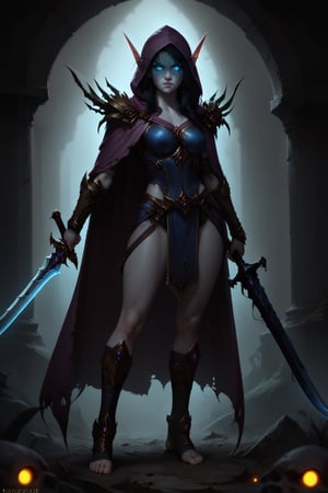 Score_9, score_8_up, score_7_up,Expressiveh,concept art,dark theme,Extremely Realistic, realistic, masterpiece, 1girl, solo, long hair, grey skin,  glowing blue eyes, black hair, holding, standing, full body, weapon, foot wraps, sword, hood, cape, holding weapon, dark metal armor, glowing, holding sword, glowing eyes, vambraces, purple hooded cloak, blue armor glow, (,DonMD34thKn1gh7XL,runeblade,death knight),bldelf, pointy ears, colored sclera, no pupils, 