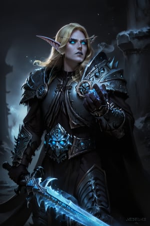 Score_9, score_8_up, score_7_up,Expressiveh,concept art,dark theme,Extremely Realistic, realistic, masterpiece, 1boy, elf, pure white skin, highly detailed face, perfect face, scowl, long blonde hair, pointy ears, wearing arth4s armor, glowing blue eyes, wielding, blue smoke, grey lips, blue energy  drifting upward from eyes, (,bldelf, no pupils, glowing eyes, colored sclera), winter winds, snowy breeze, duel wield, runeaxes,