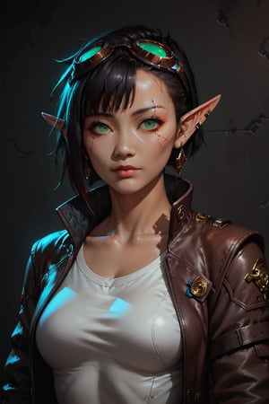 Score_9, score_8_up, score_7_up,Expressiveh,concept art,dark theme,Extremely Realistic, realistic, masterpiece, 16k, cyberpunk bar, sfw, upper body, 1girl, Filipina, Asian, dark skin, solo, short hair, black hair, jewelry, green eyes, earrings, ((pointy ears, elf)), lips, scar, piercing, goggles, ear piercing, goggles on head,nose, brown leather bomber jacket, black jeans, belt, black t-shirt, (shadow run_character, shadowrun_surface ,high-tech lowlife)