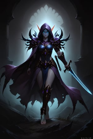 Score_9, score_8_up, score_7_up,Expressiveh,concept art,dark theme,Extremely Realistic, realistic, masterpiece, 1girl, solo, long hair, grey skin,  glowing blue eyes, black hair, holding, standing, full body, weapon, foot wraps, sword, hood, cape, holding weapon, dark metal armor, glowing, holding sword, glowing eyes, vambraces, purple hooded cloak, blue glow, (,DonMD34thKn1gh7XL,runeblade,death knight),bldelf, pointy ears, colored sclera, no pupils, blue accents on armor, 