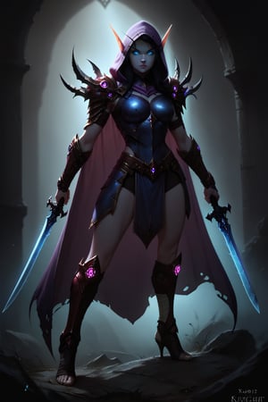 Score_9, score_8_up, score_7_up,Expressiveh,concept art,dark theme,Extremely Realistic, realistic, masterpiece, 1girl, solo, long hair, grey skin,  glowing blue eyes, black hair, holding, standing, full body, weapon, foot wraps, sword, hood, cape, holding weapon, dark metal armor, glowing, holding sword, glowing eyes, vambraces, purple hooded cloak, blue glow, (,DonMD34thKn1gh7XL,runeblade,death knight),bldelf, pointy ears, colored sclera, no pupils, blue accents on armor, 