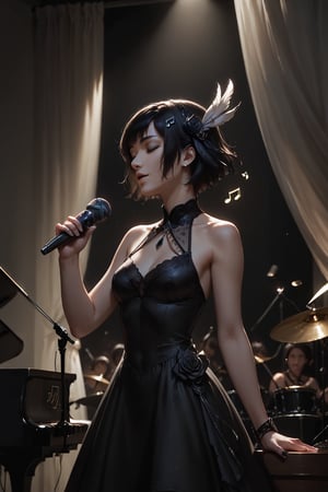 Score_9, score_8_up, score_7_up,Expressiveh,concept art,dark theme,Extremely Realistic, realistic, masterpiece, 1girl, solo, short hair, black hair, hair ornament, dress, bare shoulders, closed eyes, feathers, curtains, musical note, microphone, eighth note, music, singing, microphone stand,goth person