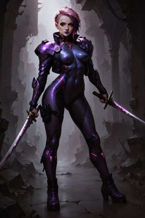 Score_9, score_8_up, score_7_up,Expressiveh,concept art,dark theme,Extremely Realistic, realistic, masterpiece, 8k, 1girl, solo, breasts, looking at viewer, short hair, holding, medium breasts, standing, jacket, weapon, pink hair, purple hair, multicolored hair, boots, sword, holding weapon, armor, two-tone hair, bodysuit, makeup, scar, facial mark, holding sword, lipstick, shoulder armor, dual wielding, asymmetrical hair, leather, undercut, facial tattoo, purple lips, cyberpunk