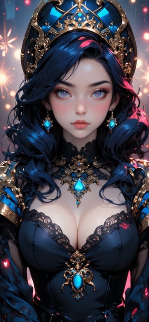 (best quality,4k,8k,highres,masterpiece:1.2),ultra-detailed,realistic, FLUX_QTNimE_2,NiJi_2_FLUX,REALNIME  

The artwork depicts a stunning, anime-style character with vibrant and intricate details. The character has striking blue eyes that stand out against her flawless, fair skin. Her hair is a captivating blend of colors, primarily dark blue with striking streaks of red and lighter blue, adding to her mesmerizing appearance. She is adorned with ornate accessories, including a blue, jewel-like headpiece that matches the embellishments in her hair and earrings, and a golden floral hairpin that contrasts beautifully with her colorful locks.

The character is dressed in a black, lacy choker and a matching outfit that showcases an elegant yet bold style. Her expression is both captivating and enigmatic, drawing the viewer in with a sense of mystery and allure. The background features a display of fireworks, adding a festive and dynamic atmosphere to the scene.

This piece showcases the artist's skill in combining elements of fantasy and elegance, creating a visually striking and emotionally engaging character. The use of color, attention to detail, and the overall composition highlight the artist's talent in creating immersive and captivating artwork.