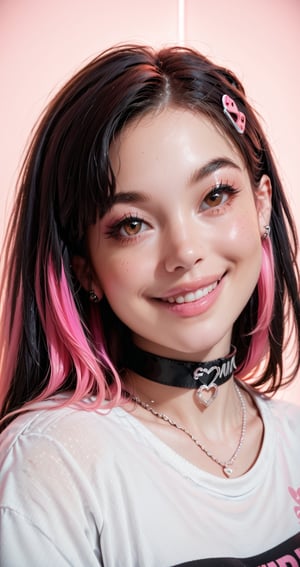 Score_9, score_8_up, score_7_up, 16k, gamer girl bedroom, streamer bedroom, neon light,, 1girl, solo, long hair, looking at viewer, smile, black hair, brown eyes, jewelry, pink hair, multicolored hair, choker, necklace, two-tone hair, lips, makeup, fishnets, portrait, realistic, nose