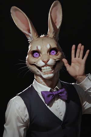 Score_9, score_8_up, score_7_up,Expressiveh,concept art,dark theme,Extremely Realistic, realistic, masterpiece, 16k, solo, looking at viewer, smile, simple background, animal ears, purple eyes, upper body, male focus, teeth, bowtie, rabbit ears, grin, vest, no humans, black background, tan fur, furry, purple bow, rabbit, purple bowtie, whiskers, waving at viewer, head tilted to the side, horror \(theme\)