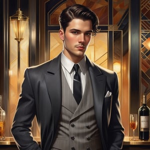 1man, 25 years old, 
(dark hair, short hair, classic side part with medium fade), hazel eyes, grey trenchcoat, black suit vest, white shirt, black neck tie, black dress pants, slight stubble, 

standing in a 1920’s style speakeasy, classic art deco aesthetic mixed with modern neo noir elements, 