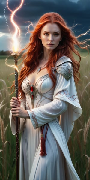 (4k), (masterpiece), (best quality), (extremely intricate), (realistic), (clear focus), (award-winning), (cinematic lighting), (extremely detailed), ultra-realistic Young sorceress with long red hair standing in a field with tall grass, with a staff in her hand In her hand, she is wearing a flowing white robe with silver zippers embroidered on it. In her hand she holds a staff that crackles with electricity. She is surrounded by a swirling vortex of lightning energy.