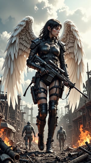 Valkyrie's Vigilance: A shot of a sleek, modern Valkyrie hovering above the smoldering ruins of a war-torn landscape her white feathered wings majestically seem to draw in the sunlight. The battlefield below her is scarred by burning vehicles and fallen soldiers, their bodies eerily still amidst the chaos. She herself stands out against this backdrop of destruction, clad in contemporary military tactical attire that belies her mythical nature. Her gaze is fixed intently on some distant target as she cradles an elegant sniper rifle, its slender barrel glinting in the flickering light of the burning vehicles. The composition centers around her statuesque figure, with the war-torn landscape serving as a haunting reminder of the devastating consequences of conflict.

shading lineart, shading, lineart, 2.5D, illustration, portrait, closeup, Score_9, Score_8_up, Score_7_up, behance work, intricate, vibrant color, High quality, 8k hd, best quality, detailed skin texture, complicated, 8k ultra hd, high resolution, high definition, excellent quality, stunning image, volumetric lighting, detail quality Enhancer,DonMN1h1l15mFX,REALNIME