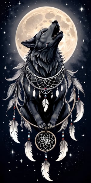 A tattoo design where the dreamcatcher forms the body of a wolf, howling at the moon, with detailed feathers hanging from the dreamcatcher's web, set against a dark night sky speckled with stars.