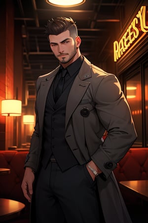 SFW, sole_male, mid 20's, 

(dark hair, classic side part with medium fade), average build, average height, (masculine, face, handsome face, slight stubble), detailed face, neutral expression, 

{(grey trenchcoat), (grey vest), (black tie), (dress pants)}, 

Standing, facing_viewer, (1940's asthetic, speakeasy, nightclub, dimly lit), 

1dk, portrait, score_9, score_8_up, score_7_up, 8k, (very detailed), high detailed texture, depth of field, sharp foucs, 

Neo Noir asthetic, Low-key lighting Style, soft lighting,

