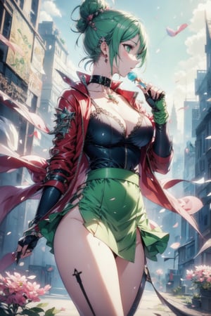 1girl, solo, short hair, hair ornament, gloves, holding, jewelry, green eyes, jacket, earrings, food, green hair, choker, fingerless gloves, hair bun, collar, double bun, profile, holding food, candy, red jacket, spikes, lollipop, holding candy, holding lollipop