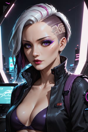 Score_9, score_8_up, score_7_up,Expressiveh,concept art,dark theme,Extremely Realistic, realistic, masterpiece, 16k, sfw, cyberpunk cityscape, 1girl, solo, short hair, purple eyes, small breasts, makeup, lips, lipstick, (white hair, purple streak of hair,  cybernetic implant on side of head, both sides of head shaved, two-tone hair, hair slicked back), (black clothing, cleavage, high collar, black tactical shirt, chest window), 