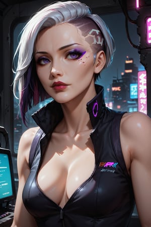 Score_9, score_8_up, score_7_up,Expressiveh,concept art,dark theme,Extremely Realistic, realistic, masterpiece, 16k, sfw, cyberpunk cityscape, 1girl, solo, short hair, purple eyes, small breasts, makeup, lips, lipstick, (white hair, purple streak of hair,  cybernetic implant on side of head, both sides of head shaved, two-tone hair, hair slicked back), (black clothing, cleavage, high collar, black tactical shirt, chest window), 