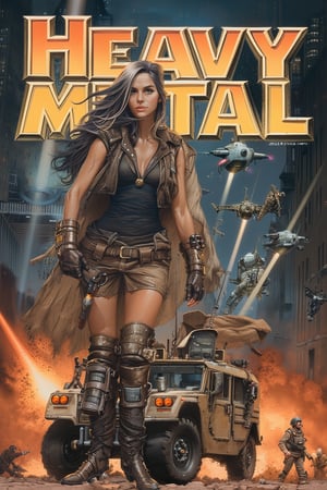 PT[WPM], (Perfectly recreate the logo of Heavy Metal magazine and use the correct font and design for the text "Heavy Metal" as the world famous magazine:1.4), Generate a cover for the magazine "Heavy Metal featuring:  8K, UHD, wide perspective view, photo-realistic, cinematic, young female warrior, humvee with machineguns shooting down many alien spaceships in sky, alien mothership, missile fires with white trail, walks suavely, dark fantasy landscape, worn-out leather outfit, long hair billowing in the wind, dynamic posture, many soldiers shooting into sky, intricate details, ver dark skies with minimal skylight, masterpiece,xxmixgirl