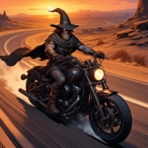 A close-up shot of a wizard's face, eyes gleaming with magical intensity as he rides a sleek black motorcycle down a winding desert highway at sunset. The warm orange glow of the setting sun casts long shadows across the sandy terrain. The wizard's robes flow behind him like a cape, his pointed hat held firmly in place by a leather strap. He's focused on the road ahead, wisps of smoke curling from the exhaust pipes as he navigates the twists and turns. DonM7w1573dW0nd3rl4ndFX,lyh