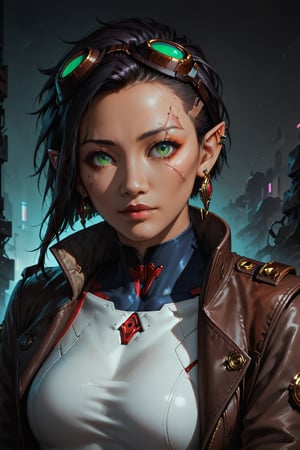 Score_9, score_8_up, score_7_up,Expressiveh,concept art,dark theme,Extremely Realistic, realistic, masterpiece, 16k, cyberpunk bar, sfw, upper body, 1girl, Filipina, Asian, dark skin, solo, short hair, black hair, jewelry, green eyes, earrings, pointy ears, elf, lips, scar, piercing, goggles, ear piercing, goggles on head,nose, brown leather bomber jacket, black jeans, belt, black t-shirt, (shadow run_character, shadowrun_surface ,high-tech lowlife)