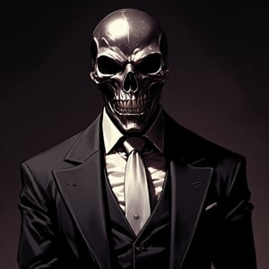 A close-up shot of a mysterious figure dressed in a sleek black suit, complete with a crisp white tie and a silver metallic skull mask that catches the light. The mask's angular features seem to gleam with an air of sophistication, as if hiding secrets beneath its metallic surface. The background is a dark, muted tone, allowing the subject's striking attire to take center stage.