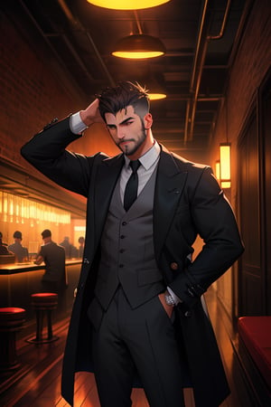 SFW, sole_male, mid 20's, 

(dark hair, classic side part with medium fade), average build, average height, (masculine, face, handsome face, slight stubble), detailed face, neutral expression, 

{(grey trenchcoat), (grey vest), (black tie), (white dress shirt), (dress pants)}, 

Standing, facing_viewer, (1940's asthetic, speakeasy, nightclub, dimly lit), in one hand her weilds a colt 1911 pistol, I. the other hand he summons a purple liquid like energy that remains concentrated by his hand, Smokey tendrils of the energy reach outward away from his hand as if trying to escape, 

1dk, portrait, score_9, score_8_up, score_7_up, 8k, (very detailed), high detailed texture, depth of field, sharp foucs, 

Neo Noir asthetic, Low-key lighting Style, soft lighting,

