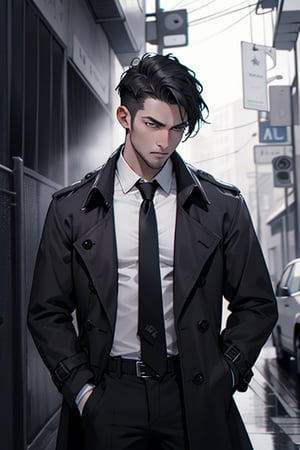 solo male, mid 20’s, trench coat, vest, tie, black and white