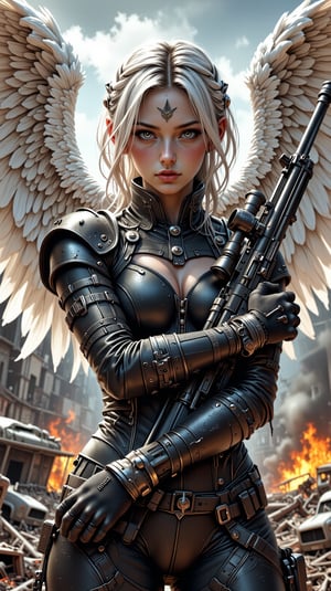 Valkyrie's Vigilance: A shot of a sleek, modern Valkyrie hovering above the smoldering ruins of a war-torn landscape her white feathered wings majestically seem to draw in the sunlight. The battlefield below her is scarred by burning vehicles and fallen soldiers, their bodies eerily still amidst the chaos. She herself stands out against this backdrop of destruction, clad in contemporary military tactical attire that belies her mythical nature. Her gaze is fixed intently on some distant target as she cradles an elegant sniper rifle, its slender barrel glinting in the flickering light of the burning vehicles. The composition centers around her statuesque figure, with the war-torn landscape serving as a haunting reminder of the devastating consequences of conflict.

shading lineart, shading, lineart, 2.5D, illustration, portrait, closeup, Score_9, Score_8_up, Score_7_up, behance work, intricate, vibrant color, High quality, 8k hd, best quality, detailed skin texture, complicated, 8k ultra hd, high resolution, high definition, excellent quality, stunning image, volumetric lighting, detail quality Enhancer,DonMN1h1l15mFX,REALNIME