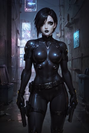 Score_9, score_8_up, score_7_up,Expressiveh,concept art,dark theme,Extremely Realistic, realistic, masterpiece, 1girl, solo, black hair, gloves, weapon, belt, gun, bodysuit, black circle painted over one eye, pale white skin, handgun, black lipstick, (,ruanyi0724,neon lights,power lines,alley), (((heavy black eye makeup, black makeup on cheek))),  