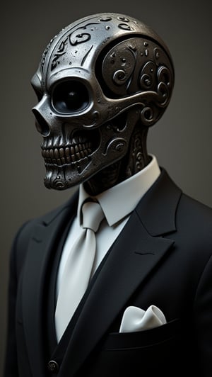 man in a black suit with a white tie wearing a metallic skull mask., art nouveau, art deco,3d render