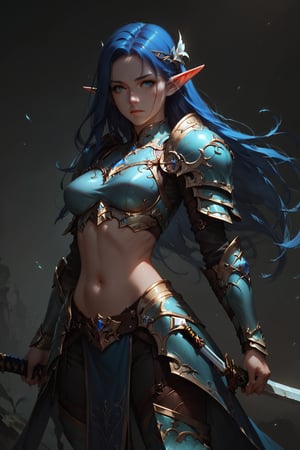 score_9, score_8_up, score_7_up, dark theme, concept art, Expressiveh, Extremely Realistic, 1girl, solo, long hair, navel, blue hair, weapon, pointy ears, midriff, sword, armor, elf