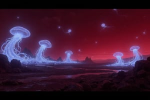 A desolate, crimson-hued alien terrain stretches out before us, illuminated by an eerie bioluminescent glow emanating from twisted, ethereal flora. Amidst the eerie illumination, translucent jellyfish-like creatures drift lazily through the air, their delicate tendrils undulating like ghostly tentacles.