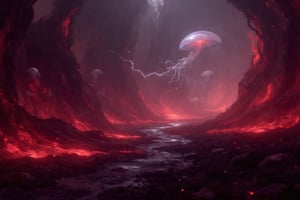 A desolate, crimson-hued alien terrain stretches out before us, illuminated by an eerie bioluminescent glow emanating from twisted, ethereal flora. Amidst the eerie illumination, translucent jellyfish-like creatures drift lazily through the air, their delicate tendrils undulating like ghostly tentacles.