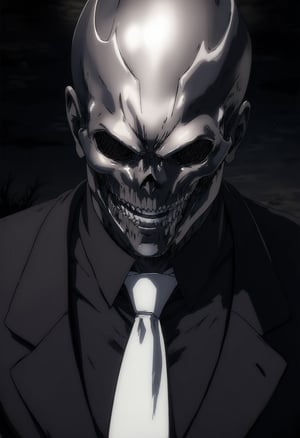 Prompt: A close-up shot of a mysterious figure dressed in a sleek black suit, complete with a crisp white tie and a silver metallic skull mask that catches the light. The mask's angular features seem to gleam with an air of sophistication, as if hiding secrets beneath its metallic surface. The background is a dark, muted tone, allowing the subject's striking attire to take center stage.

animestyle,aotstyle,Anime Style, 