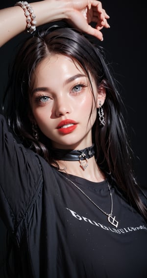 Score_9, score_8_up, score_7_up, 16k, 1girl, solo, long hair, looking at viewer, shirt, black hair, long sleeves, jewelry, upper body, parted lips, teeth, choker, necklace, arm up, bracelet, grey eyes, black shirt, realistic, red lips